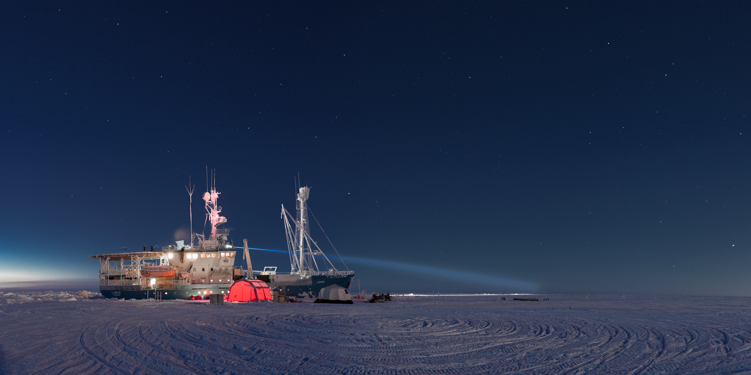 The RV Lance research ship embedded in pack ice north of Svalbard. Photo: Paul Dodd/Norwegian Polar Institute.
