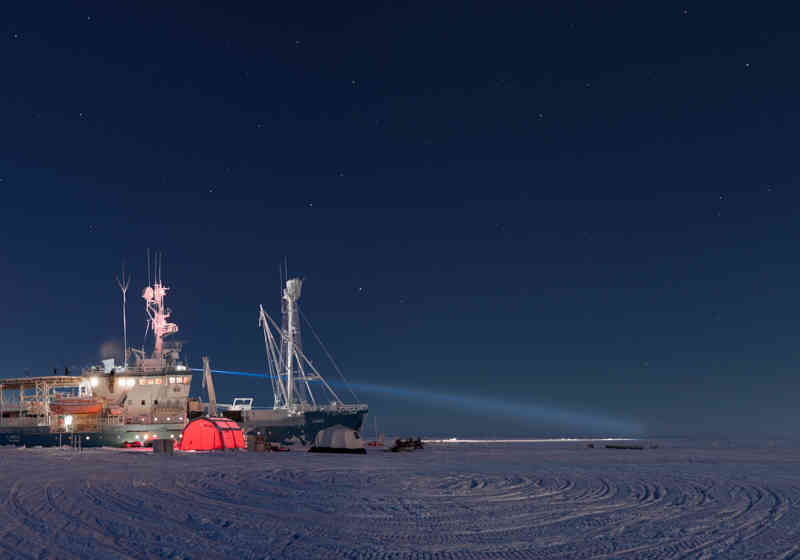 The RV Lance research ship embedded in pack ice north of Svalbard. Photo: Paul Dodd/Norwegian Polar Institute.