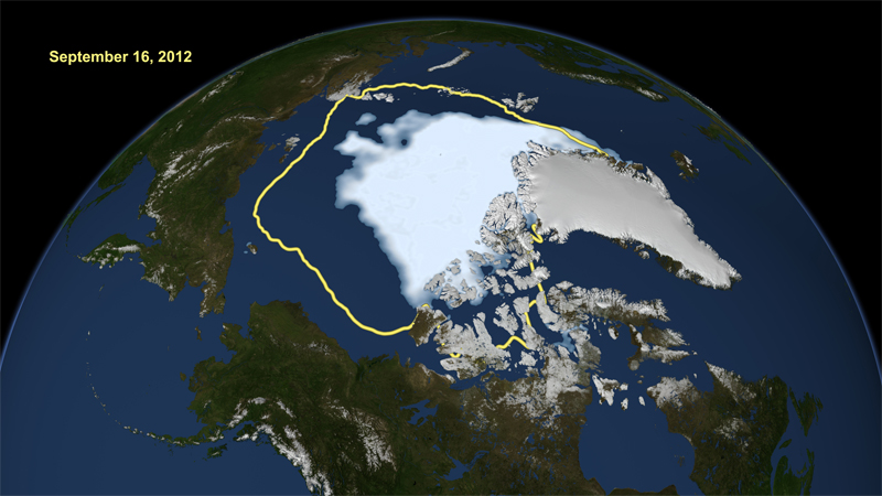 Utbredelsen av havis i Polhavet nådde et minimum på 3,41 millioner km2 den 16. september 2012. Gul linje viser gjennomsnittlig utbredelse for tidsrommet 1979-2000, og 50% av isen har smeltet siden den gang.