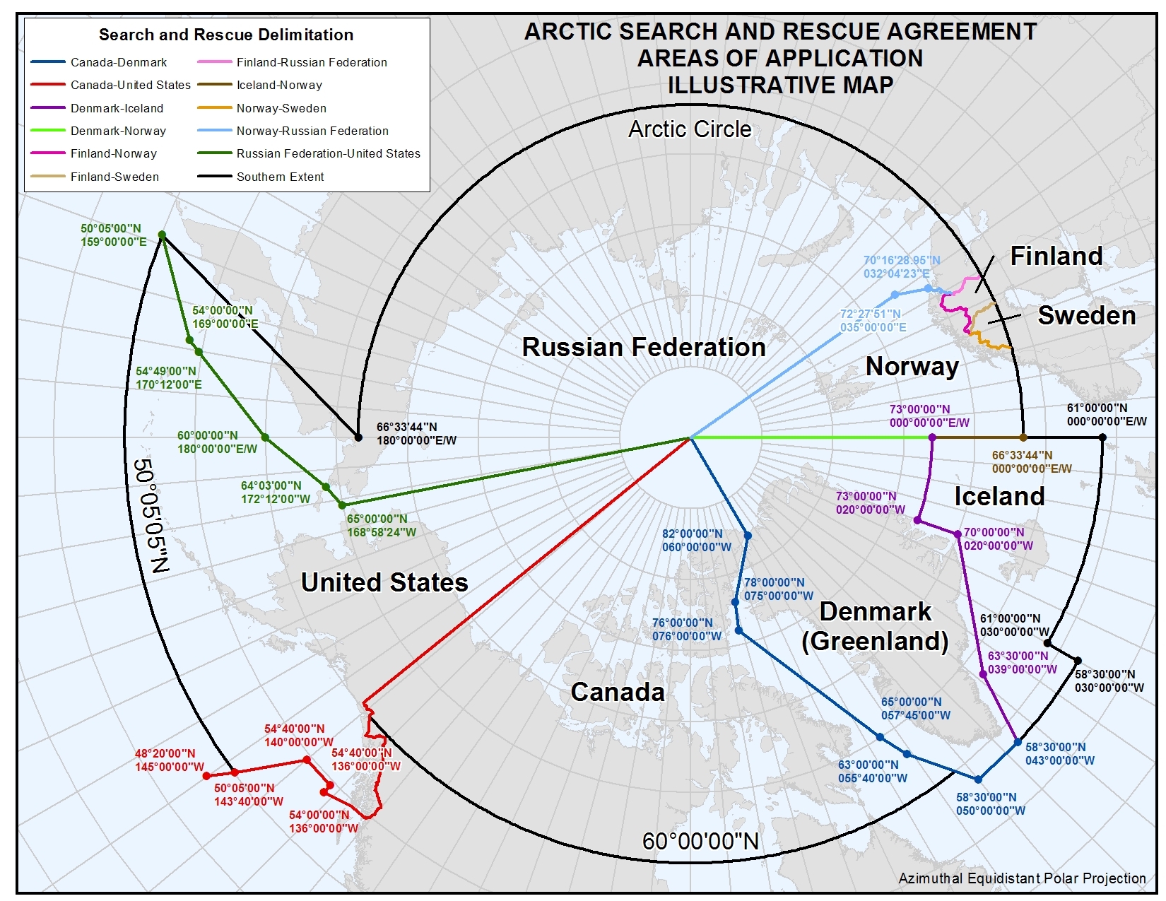 Kartet illustrerer samarbeidsavtala om luftfart og maritim søk og redning i Arktis, i regi av Arktisk råd. Avtala vart signert 12. mai 2011 . Kilde: UD.