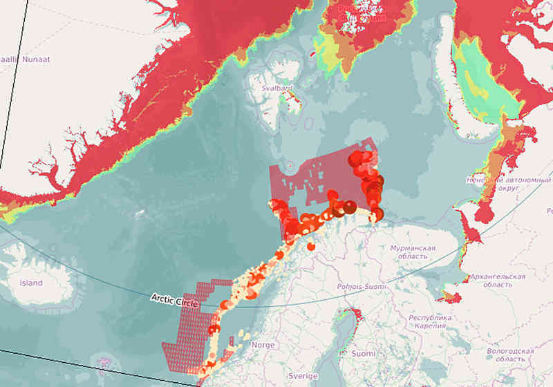 Kartillustrasjon med temalagene: Nominerbare blokker 24. konsesjonsrunde, manuell analyse av iskonsentrasjon og trålspor fra fiskeriaktivitet.
