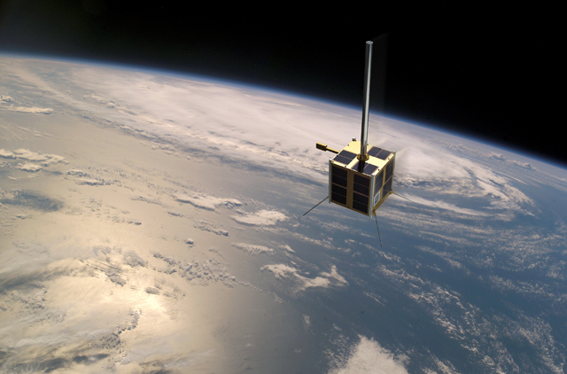 Den norske satellitten AISSat-1 holder øye med skipstrafikken over hele verden. Illustrasjon: FFI/NASA/Norsk Romsenter.