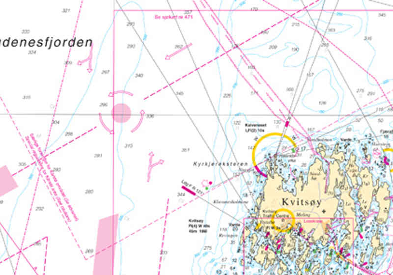 Rundkjøringen i Skudenesfjorden utgjør et område på 450 meter i diameter. Rundkjøringen er ikke en fysisk etablert infrastruktur som kan ses med det blotte øyet, men blir merket og synlig for sjøfarende i offisielle sjøkart. Kartverket.