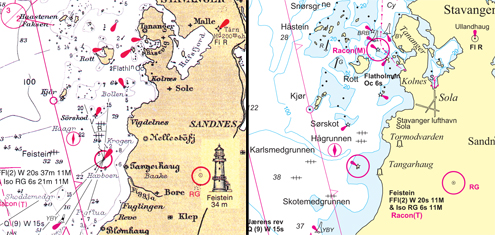 Kart 306 Kristiansand-Utsira: Utsnitt av gammelt kart basert på sjømålingsdata fra 1907 (til venstre) og ny utgave av sjøkart 306 basert på moderne sjømålingsdata, utgitt i 2012. 