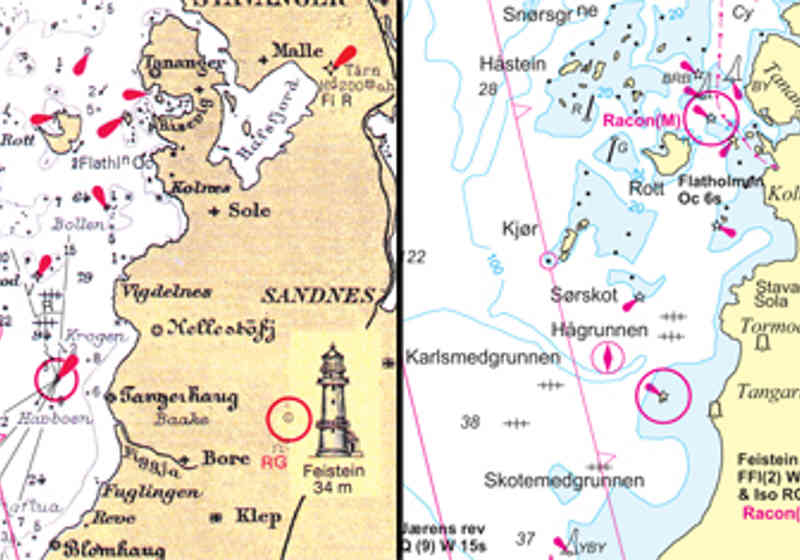 Kart 306 Kristiansand-Utsira: Utsnitt av gammelt kart basert på sjømålingsdata fra 1907 (til venstre) og ny utgave av sjøkart 306 basert på moderne sjømålingsdata, utgitt i 2012. 