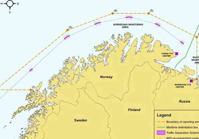 Barents SRS blir påbudt for skip som seiler med farlig og/eller forurensende last mellom Røst og Murmansk. Illustrasjon: Kystverket.