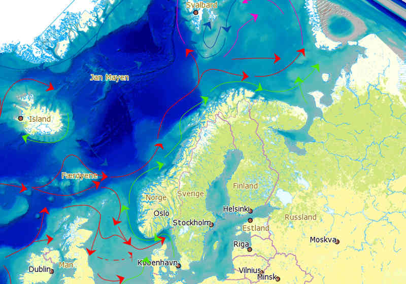 Golfstrømmen er den dominerende havstrømmen i Nord- Atlanteren (angitt med de røde pilene). Illustrasjon: BarentsWatch