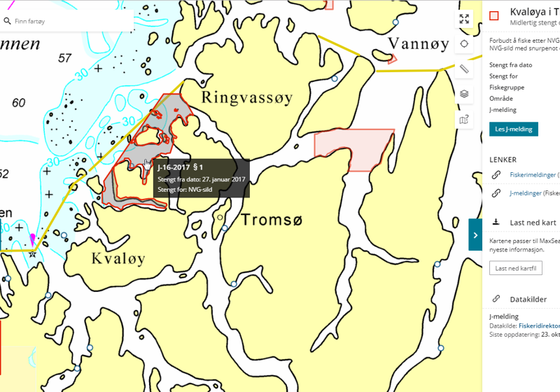 Skjermdump: Midlertidig stengte felt fra Fiskeridirektoratet markert i karttjenesten FiskInfo. 