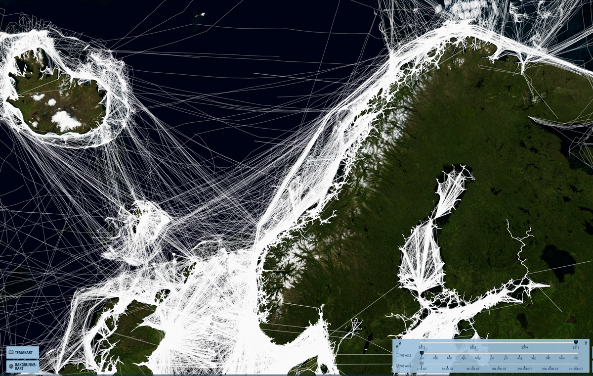 Havbase viser omfanget av skipstrafikken i våre havområder. 