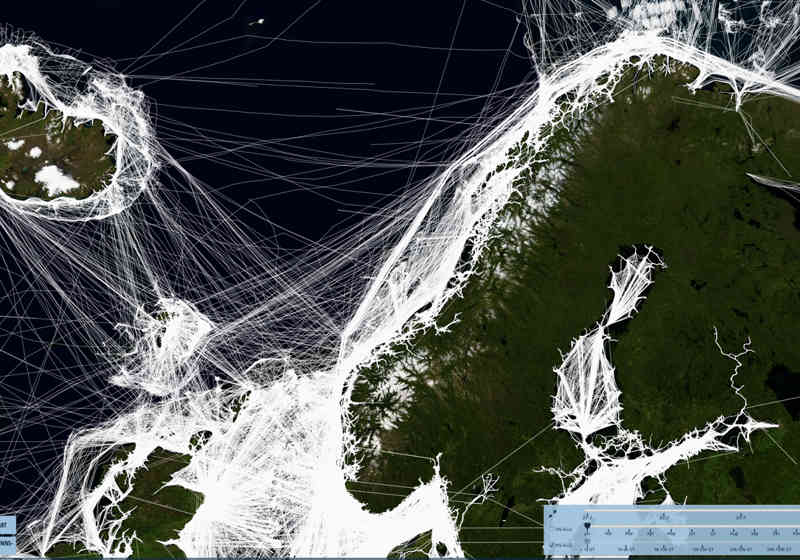 Havbase viser omfanget av skipstrafikken i våre havområder.