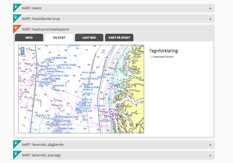 Havbunnsinstallasjoner, iskant, faststående bruk og seismikk er de første kartlagene som kan legges inn på båtenes kartplottere.