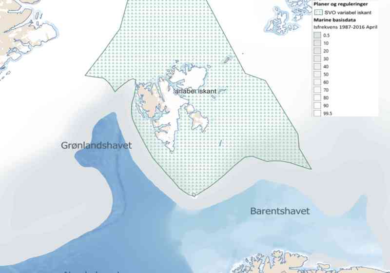 Kartet viser opprinnelig SVO (Særlig Verdifullt og sårbart Område) Variabel iskant sammenstilt med maksimal Isfrekvens for april måned, statistisk beregnet basert på observasjoner over en 30 årsperiode.