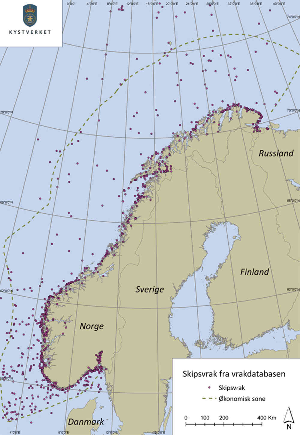 Registrerte skipsvrak i norske områder. Illustrasjon: Kystverkets vrakdatabase.