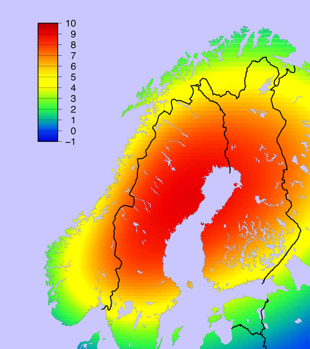 Den årlige landhevingen er størst innerst i Bottenviken, med cirka 1 cm per år. Landhevingen synker gradvis jo lenger bort fra Bottenviken man er. Ill: Kartverket.