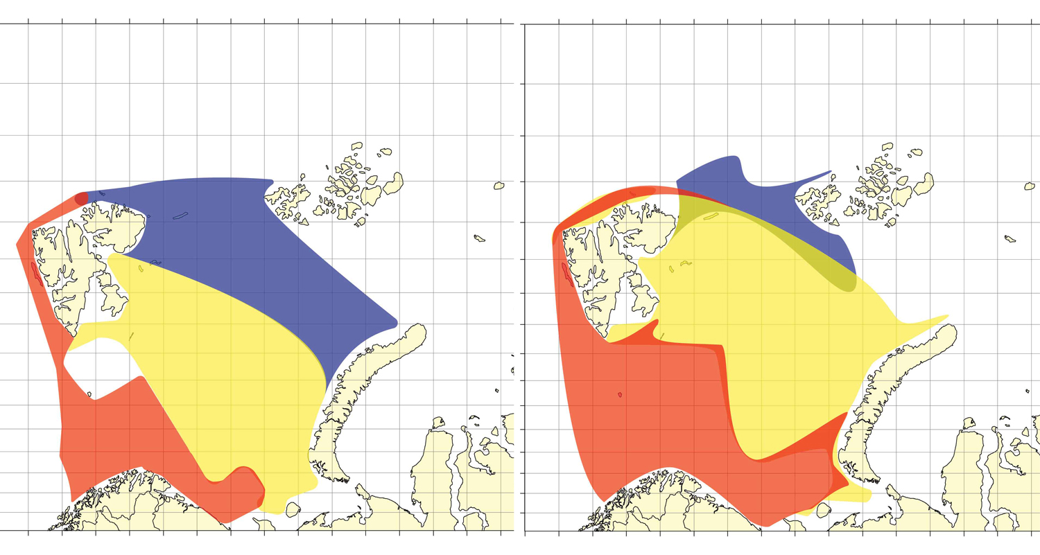 Bildet til venstre viser fiskesamfunn i Barentshavet i 2004. Rødt er atlantiske fiskesamfunn, gult er sentrale og blått er arktiske fiskesamfunn. Til høyre ser vi fiskesamfunn i Barentshavet i 2012 På åtte år har de ulike fiskesamfunnene flytta seg nord- og østover. Illustrasjon: Havforskningsinstituttet.