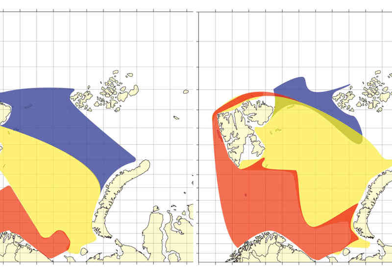 Bildet til venstre viser fiskesamfunn i Barentshavet i 2004. Rødt er atlantiske fiskesamfunn, gult er sentrale og blått er arktiske fiskesamfunn. Til høyre ser vi fiskesamfunn i Barentshavet i 2012 På åtte år har de ulike fiskesamfunnene flytta seg nord- og østover. Illustrasjon: Havforskningsinstituttet.