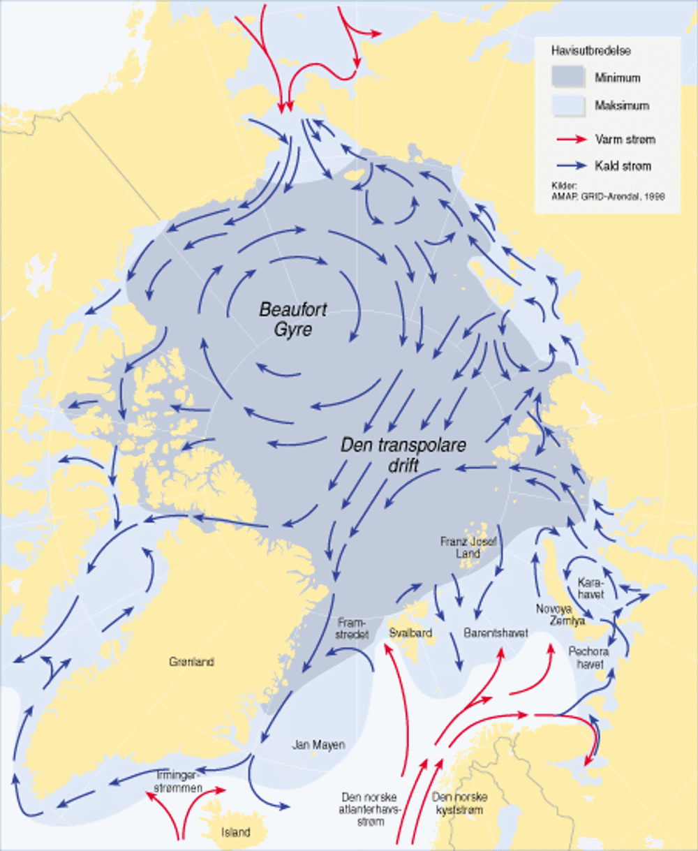 De dominerende havstrømmene i Arktis. Kilde: AMAP
